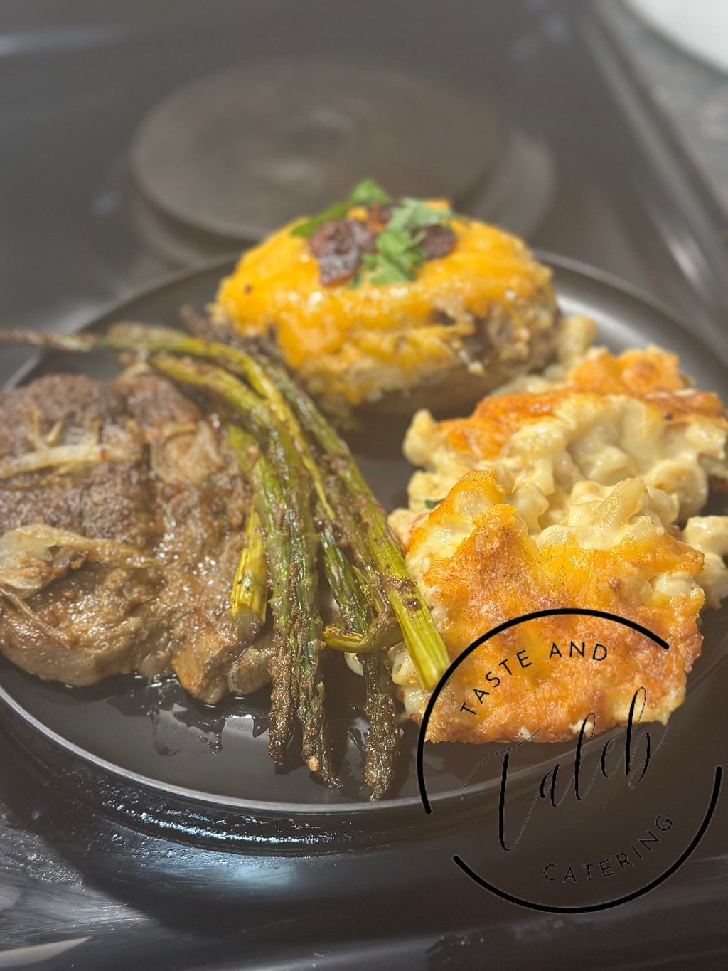 Steak asparagus Mac & cheese and loaded baked pota