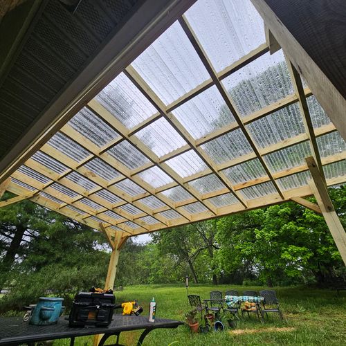 Underside view of a covered pergola-style patio co