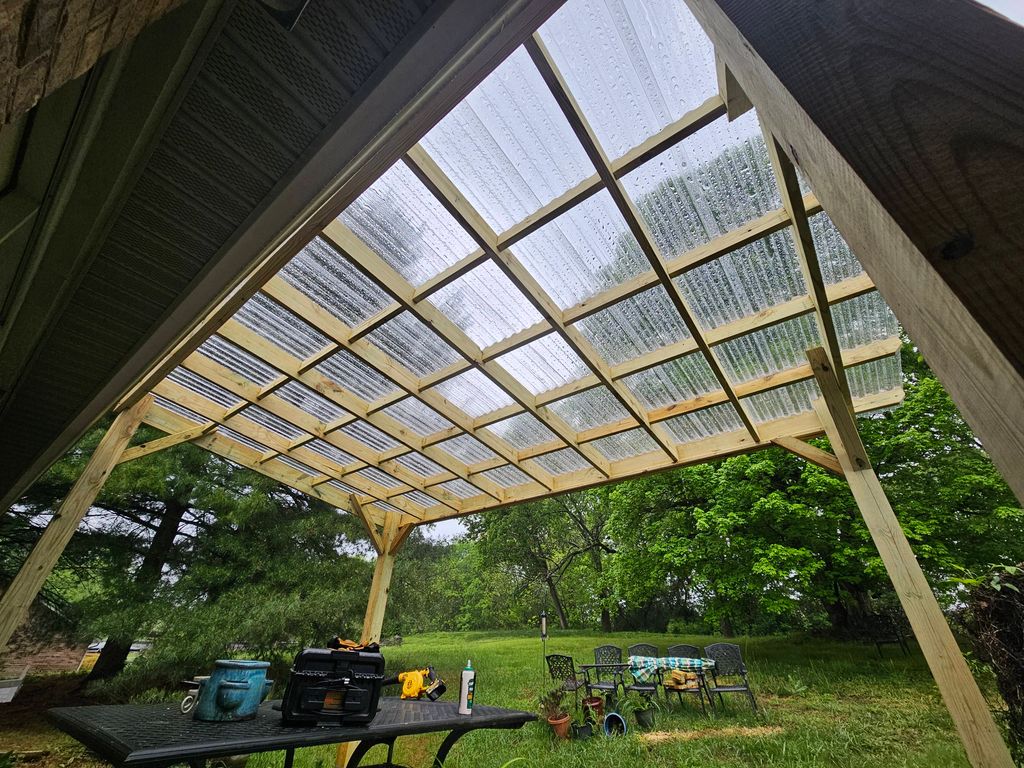 Underside view of a covered pergola-style patio co