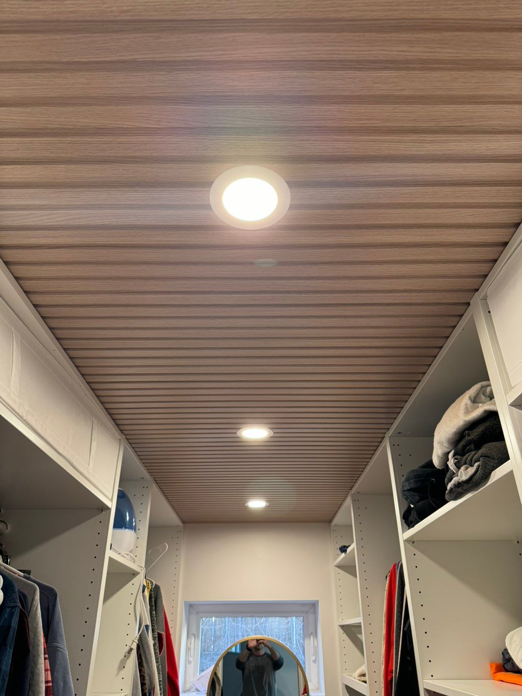 Slat ceiling and recessed light install in closet