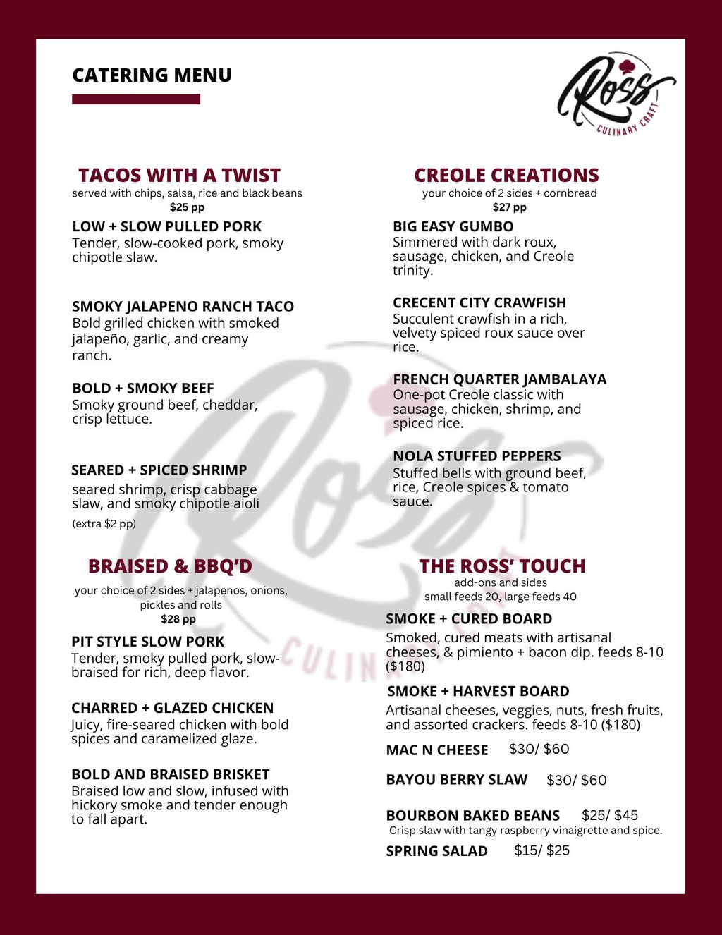 Ross Culinary Craft Catering Menu