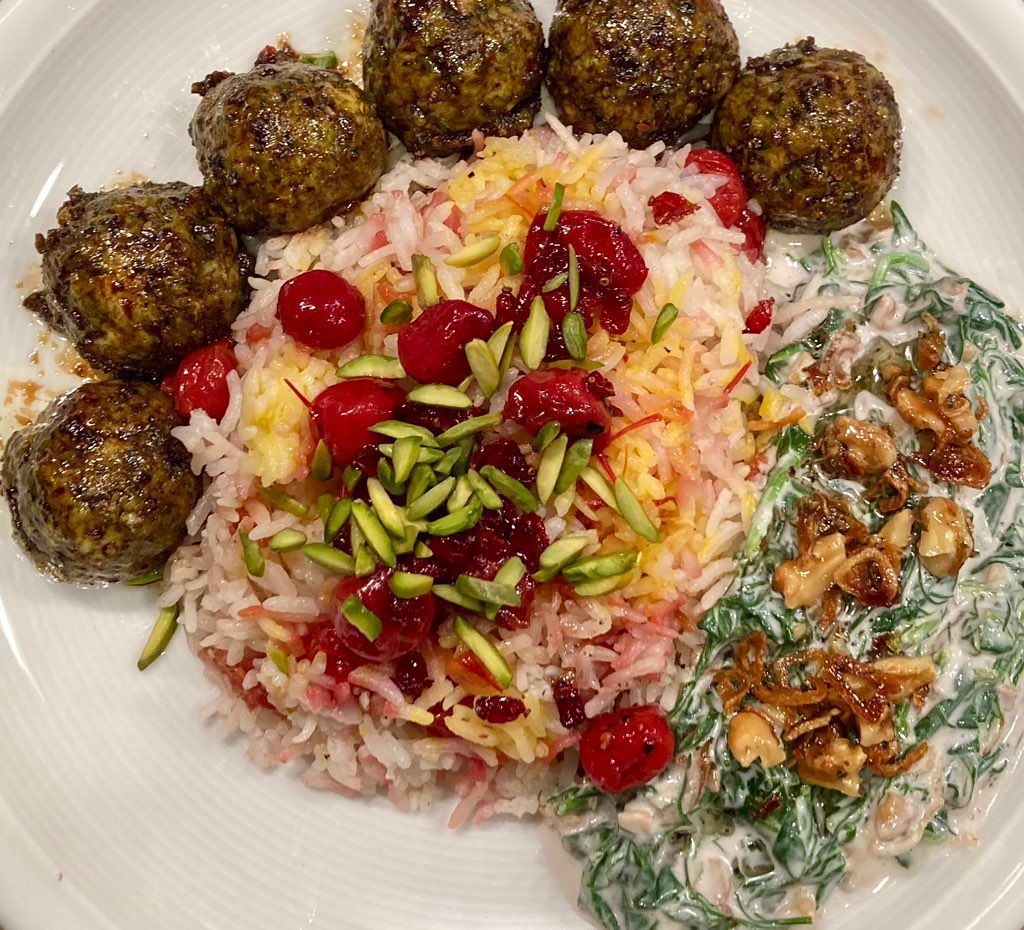 persian sour cherry rice & fish meatballs, with sp