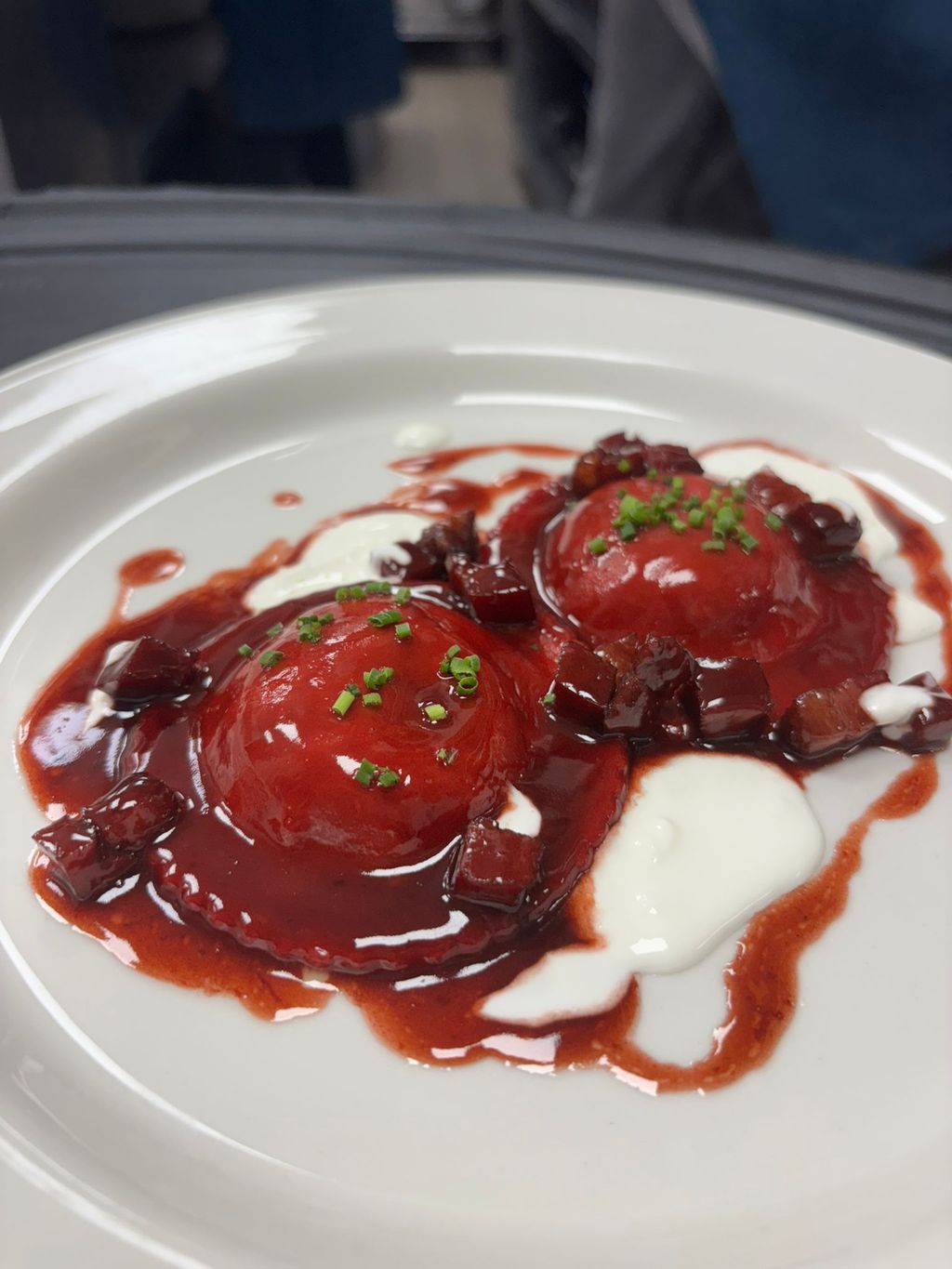 Beet ravioli, pancetta, straciatella.