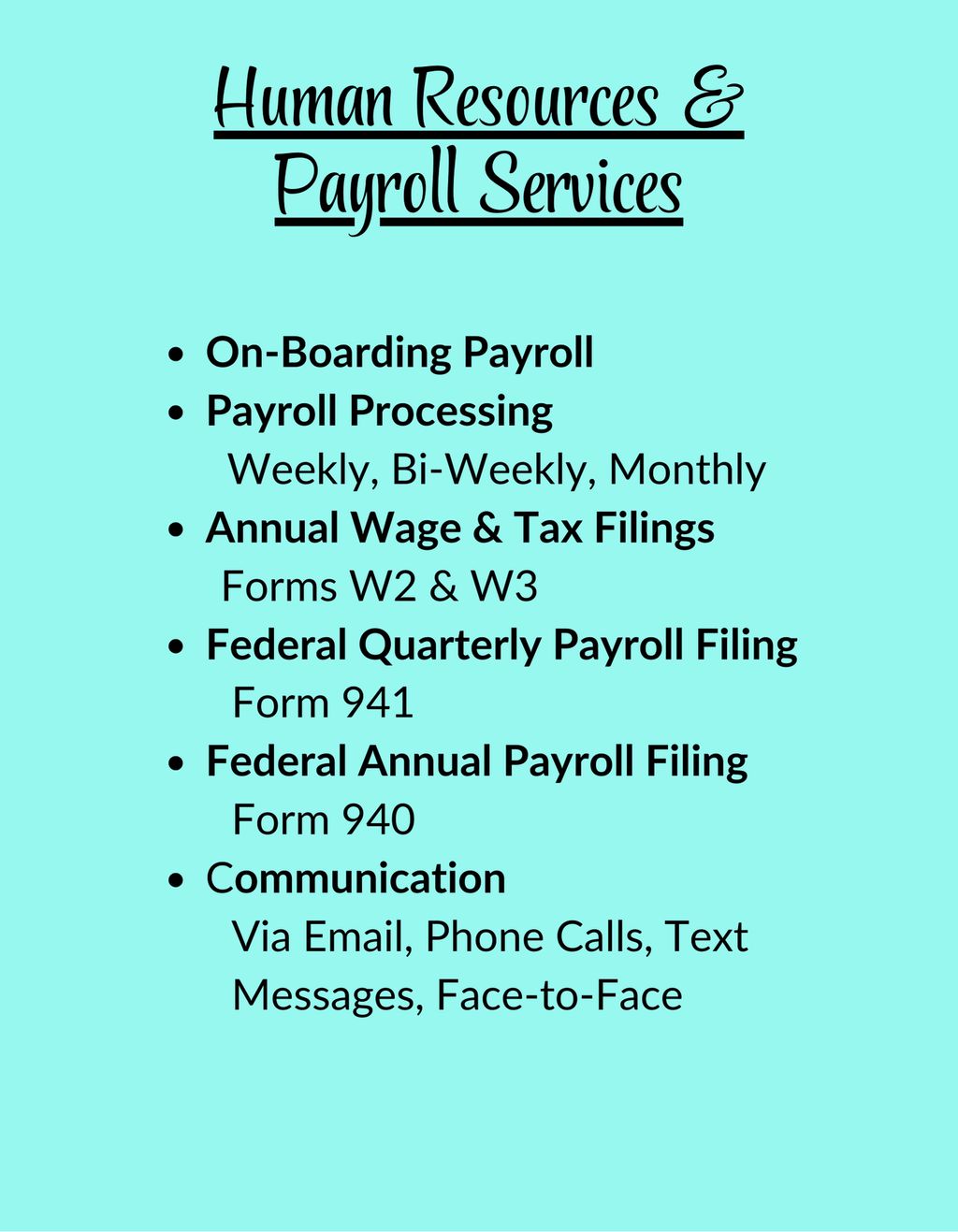 Human Resourses & Payroll Services Offered