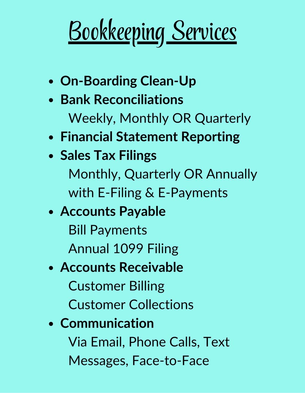 Bookkeeping Services Offered