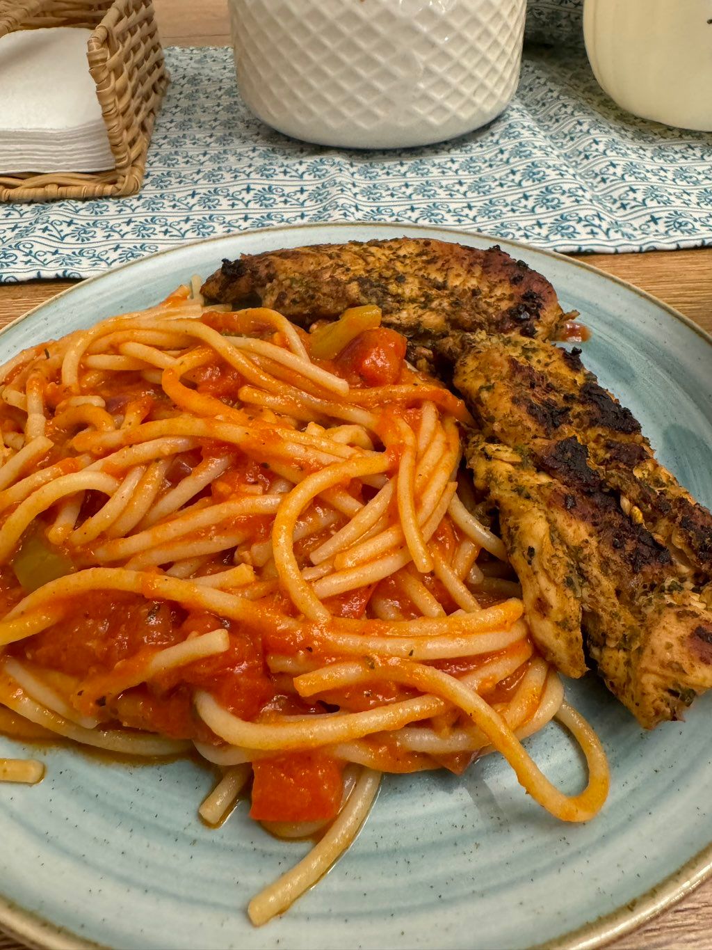 Spaghetti and pan cooked chicken breasts