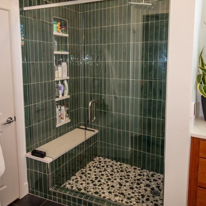 This green porcelain subway style in the bathroom 