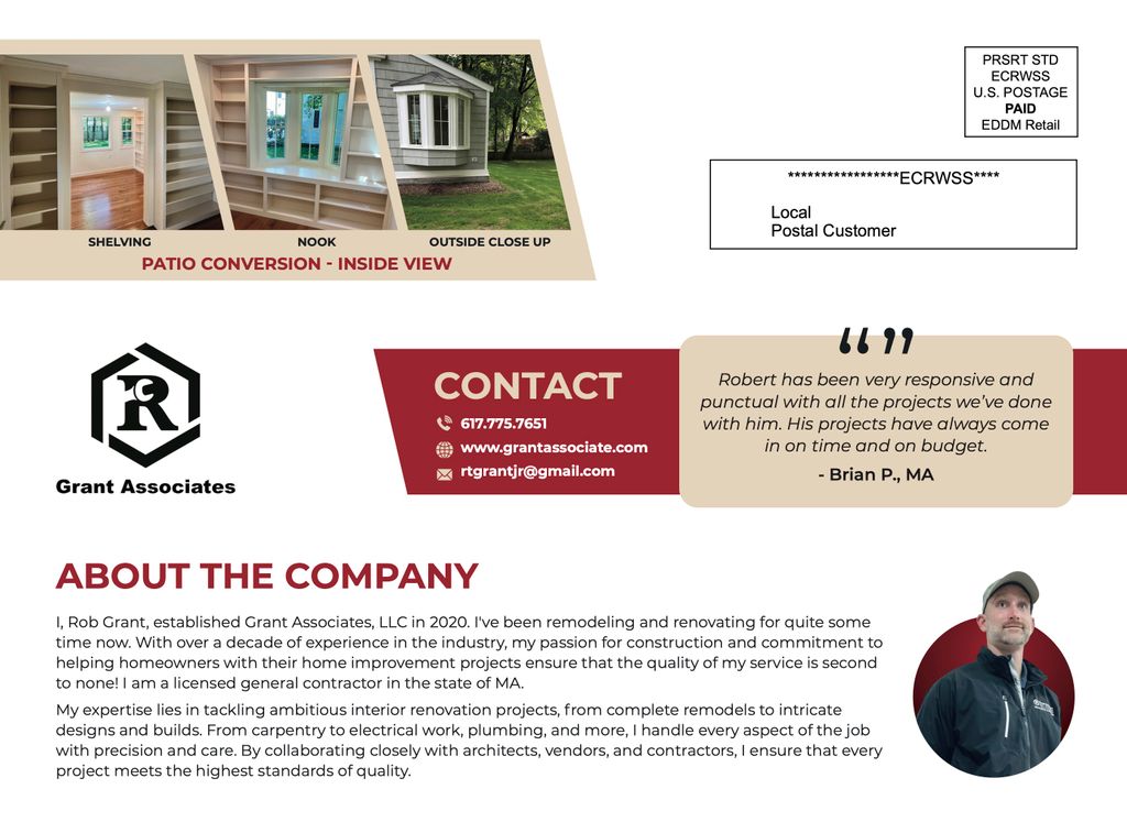 Flyer highlighting shelving, trim, and a patio con