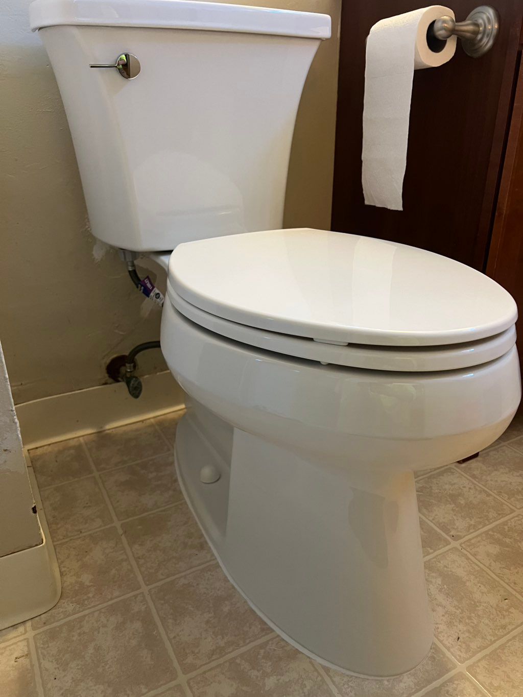 New Kohler toilet elongated bowl installed. The ol