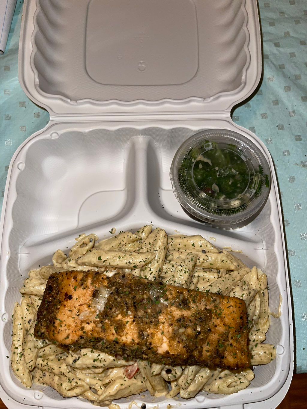 Creamy Penne Pasta w/ Salmon & Kale Salad
