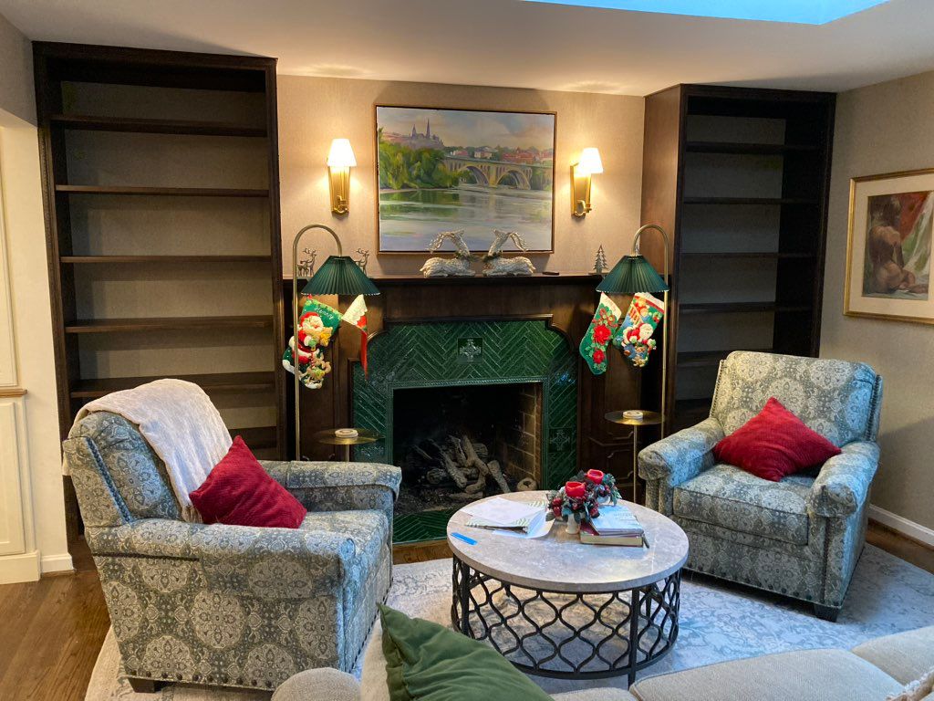 Custom shelving and fireplace mantel. 