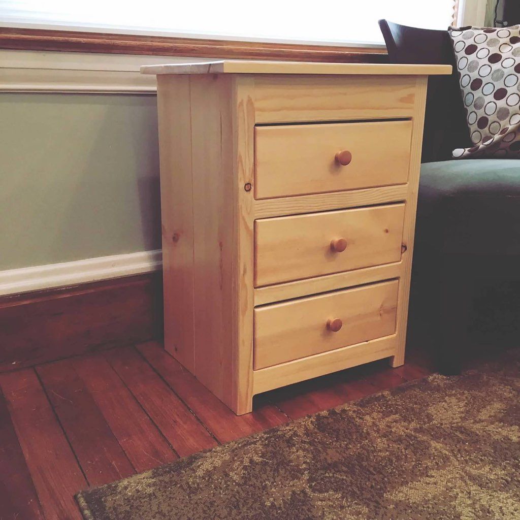 Custom built pine three drawer bedside table.