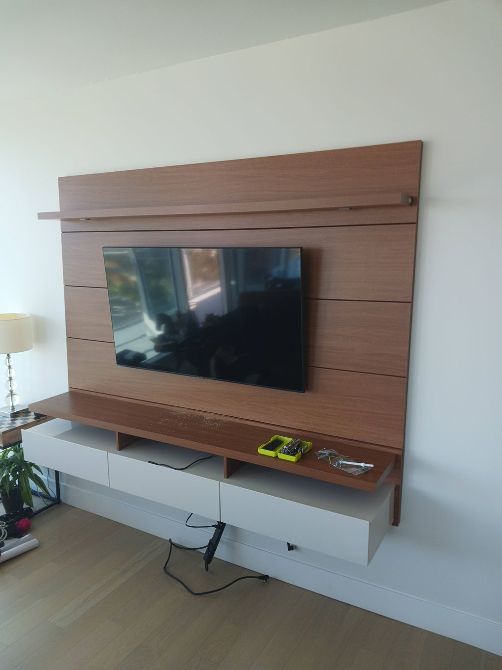 TV Mount on wood panel with cord concealment 