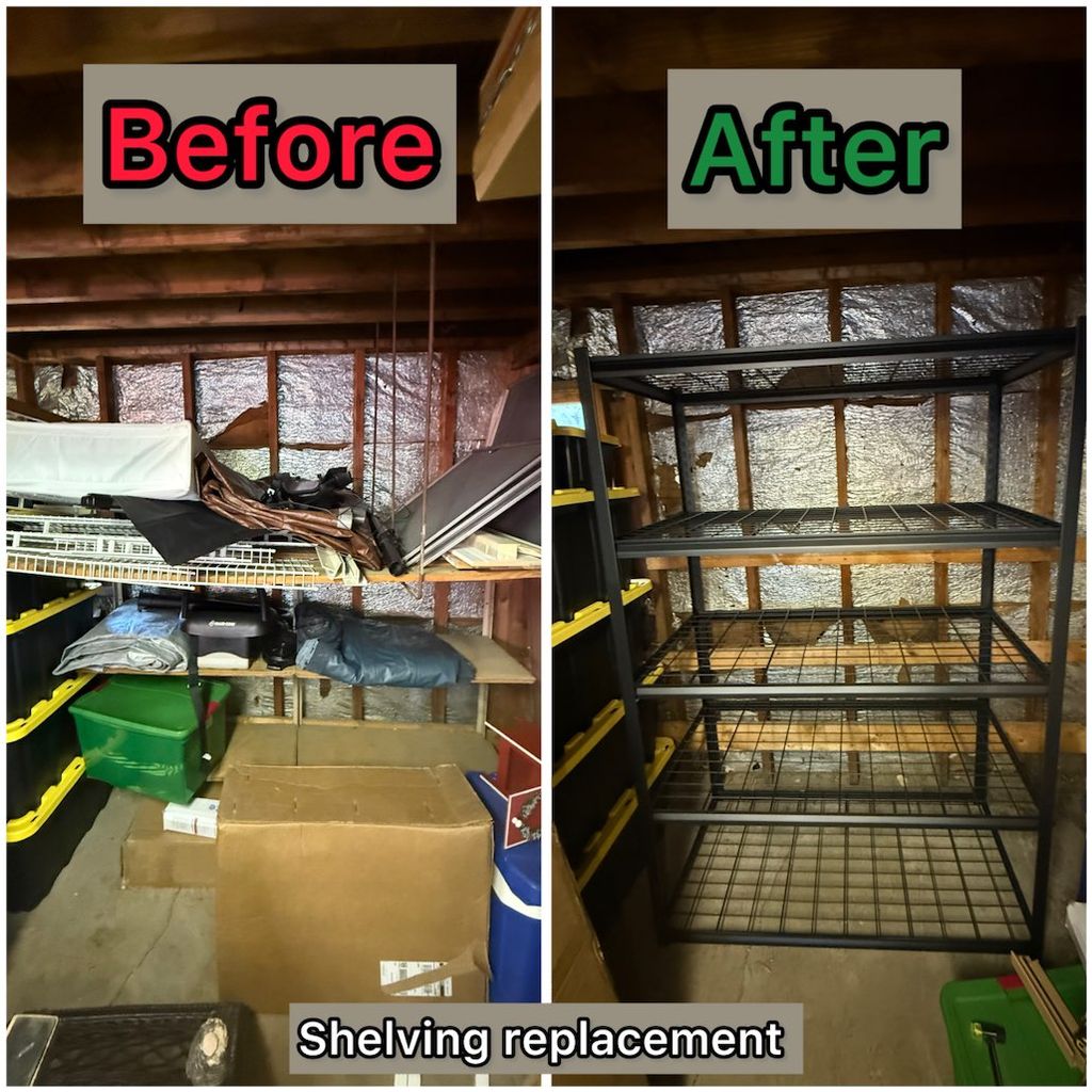 Old shelving removal + new storage rack assembly 