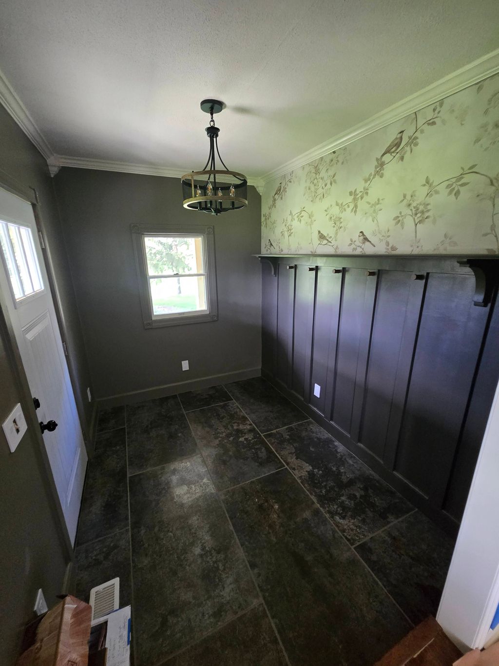 tile, board and batten, paint,  wallpaper and new 