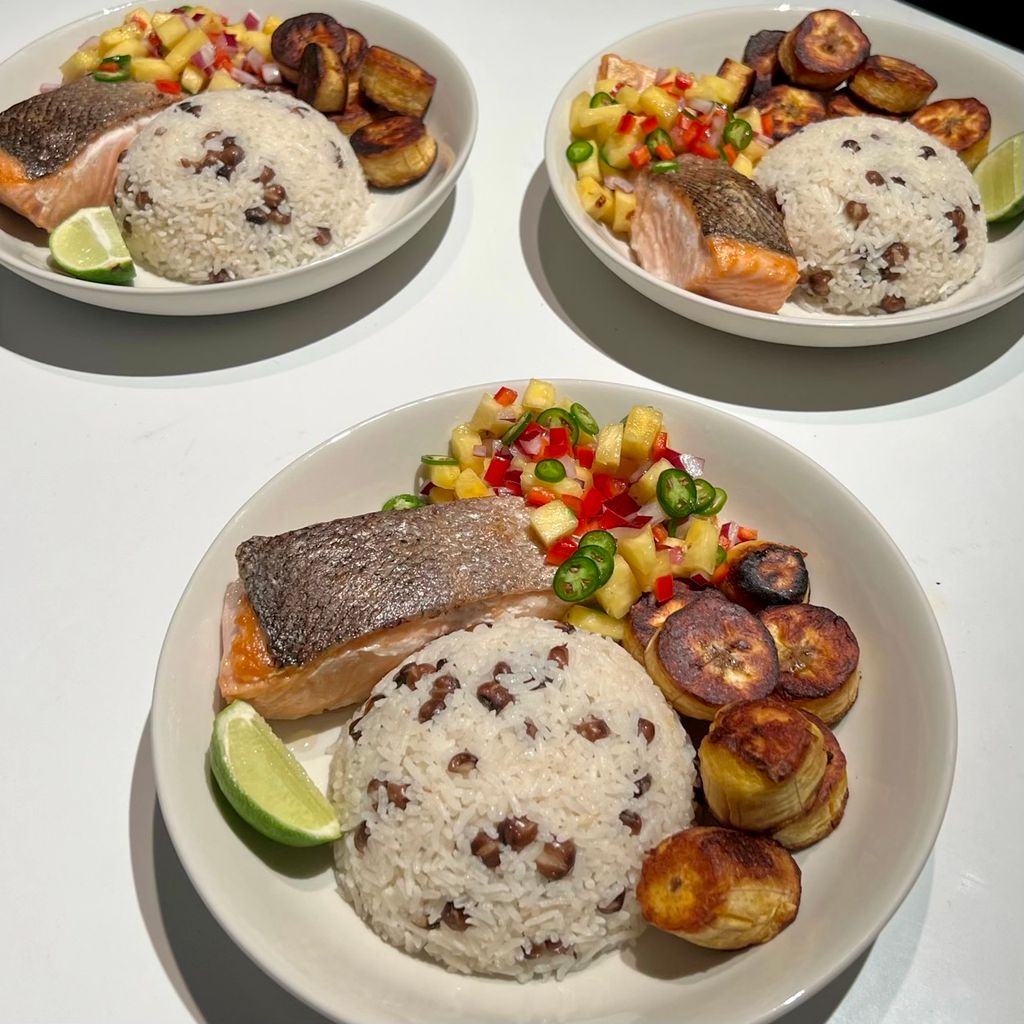 Pan Roasted Salmon with Coconut Rice & Peas, Fried