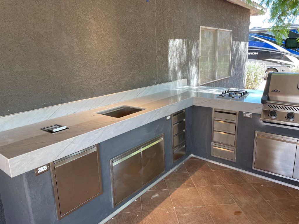 Custom Quartzite countertops with 4” mitered  edge