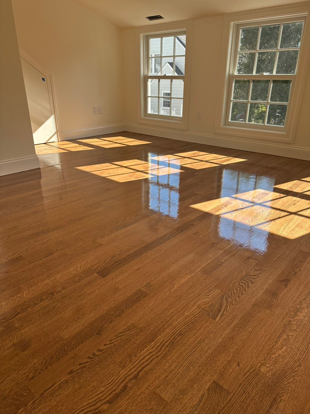 Hardwood floor refinishing.
Stain applied.
