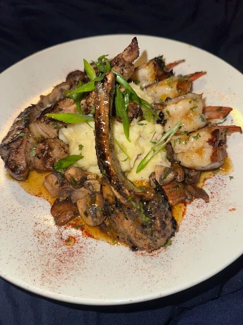 Lamb, shrimp, and creamy Gouda mash