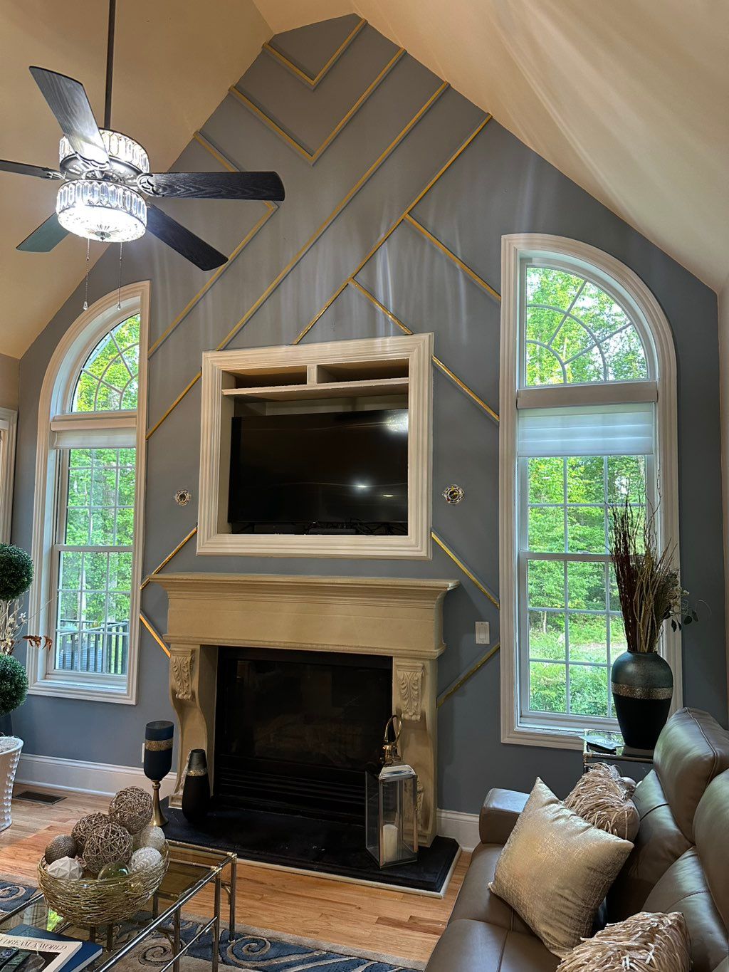Blue Dreams: Ash blue 3D accent wall with gold acc