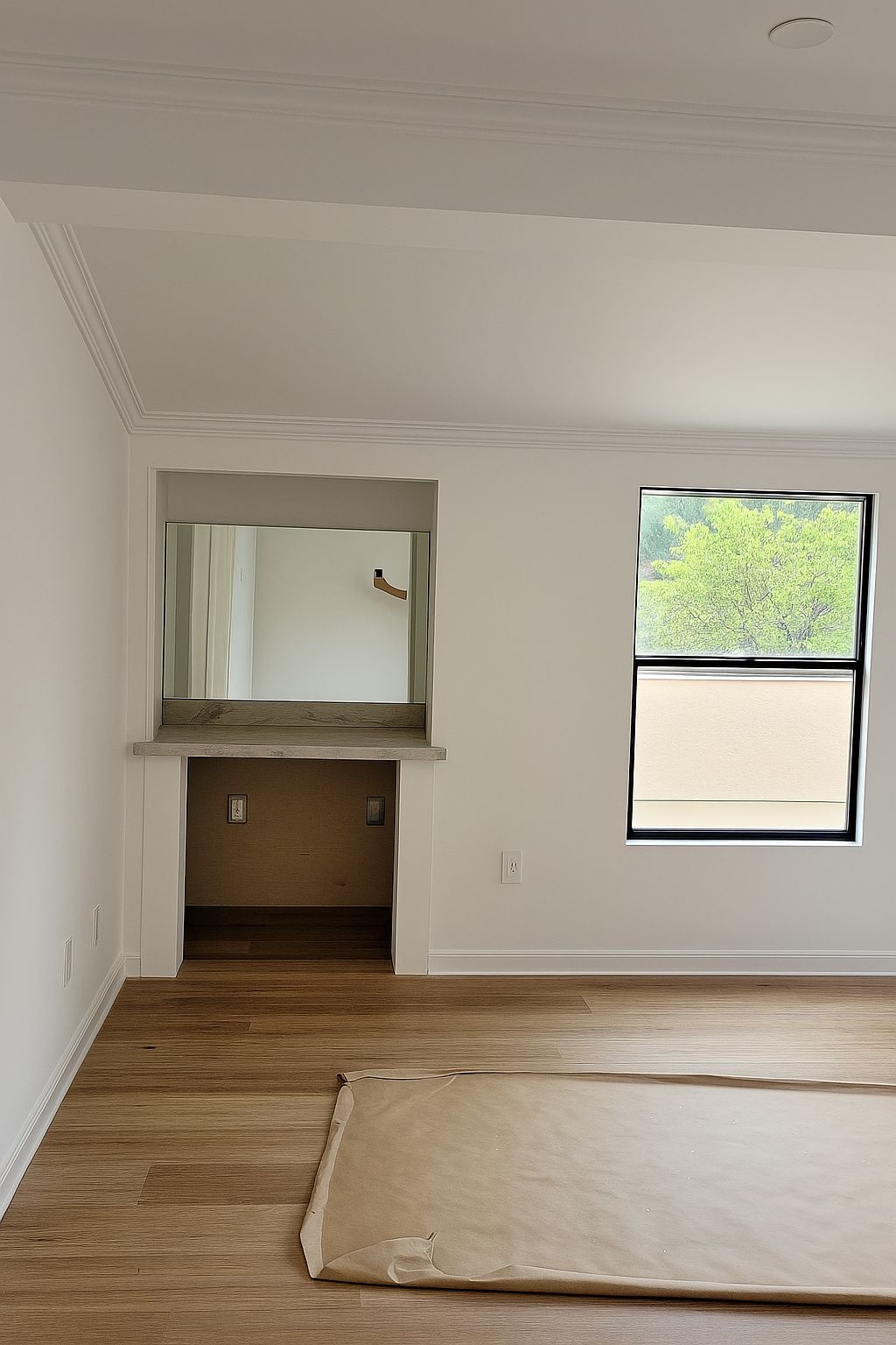 Custom mirror installed in a built-in alcove—bring