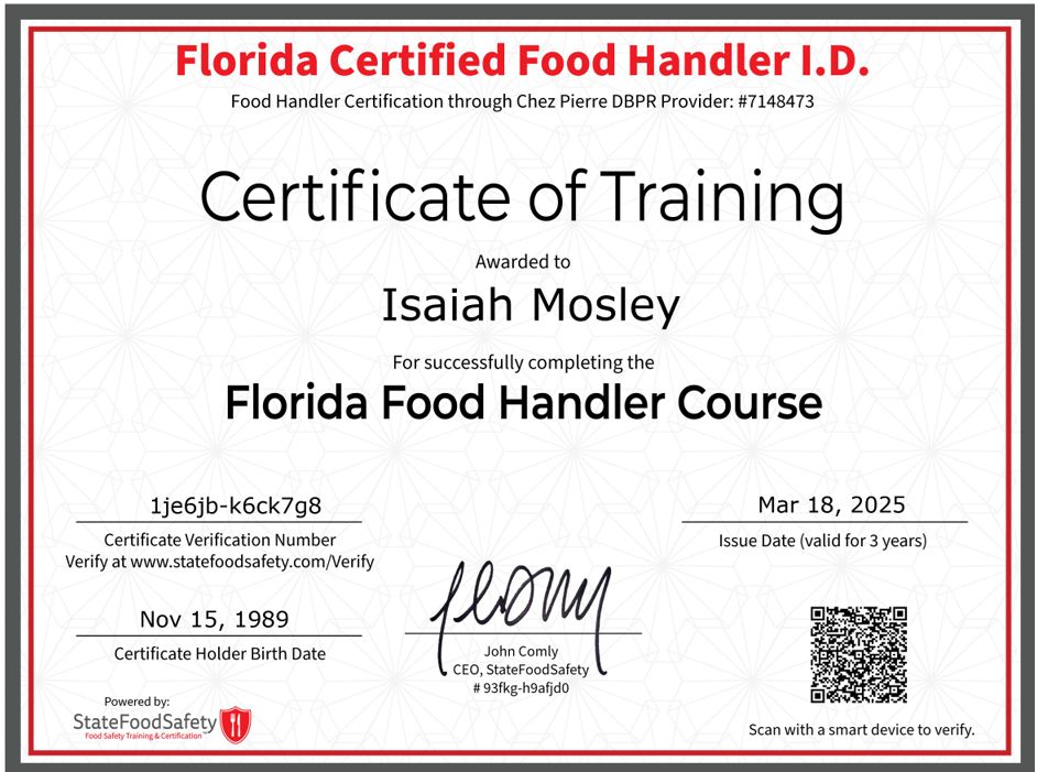 Food handler's Cert 2025-2028