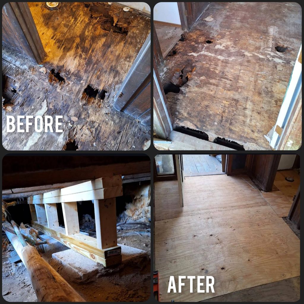 Support beam replacement and floor repair in an ol