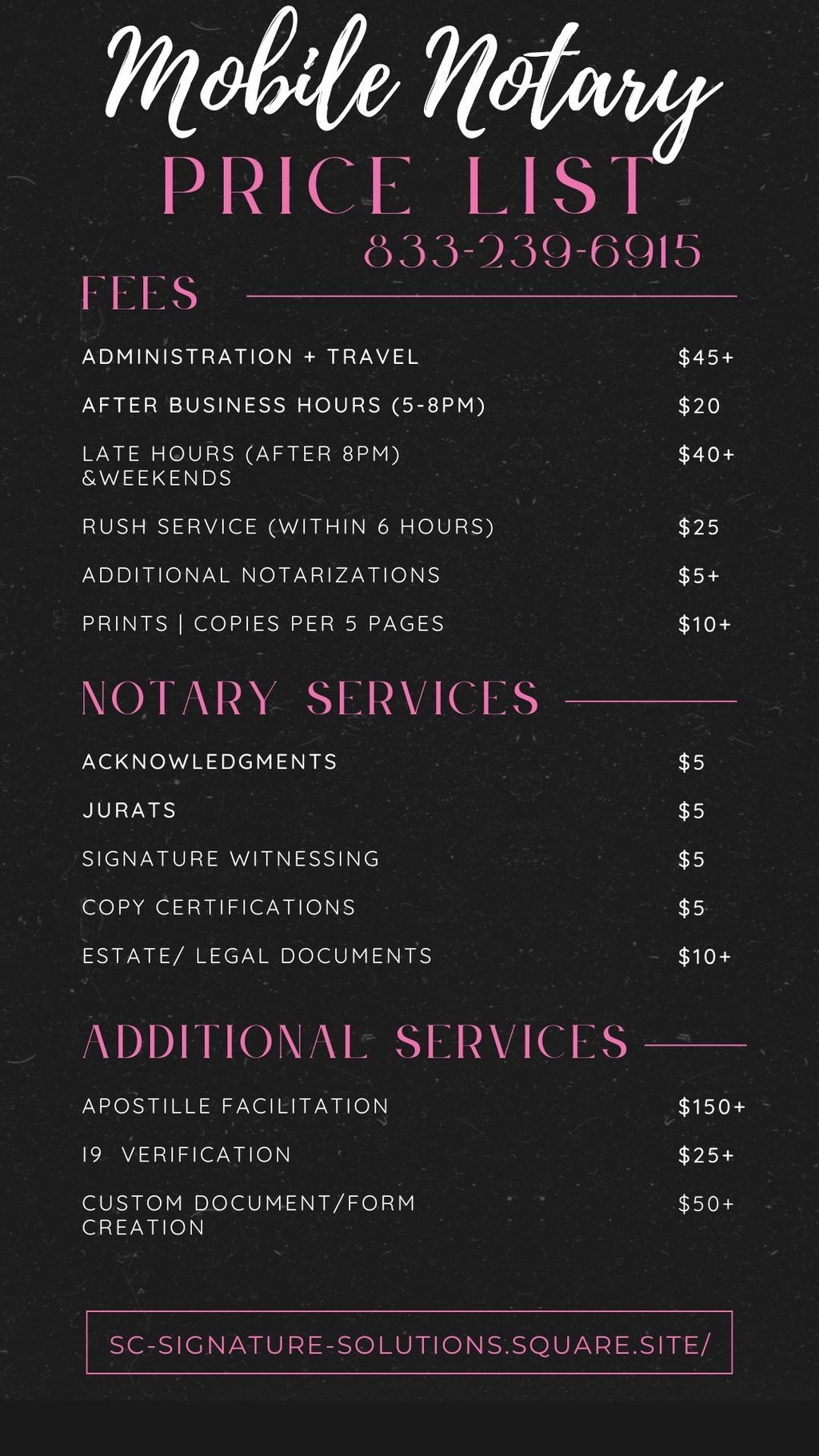 NOTARY SERVICE PRICE LIST