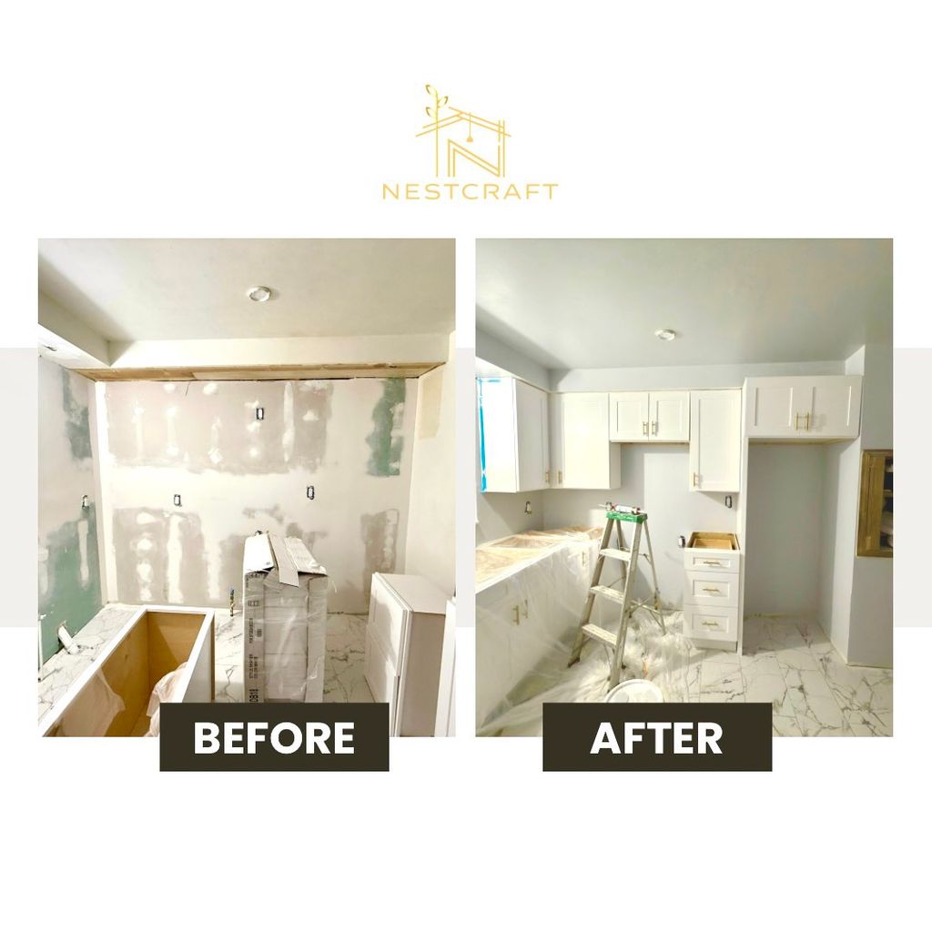 Complete the installation of kitchen cabinets.