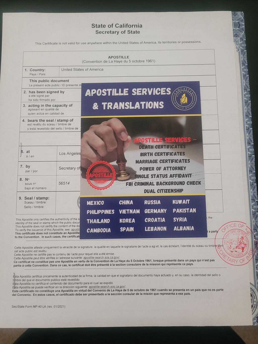 Apostille for a Birth Certificate going to Mexico,