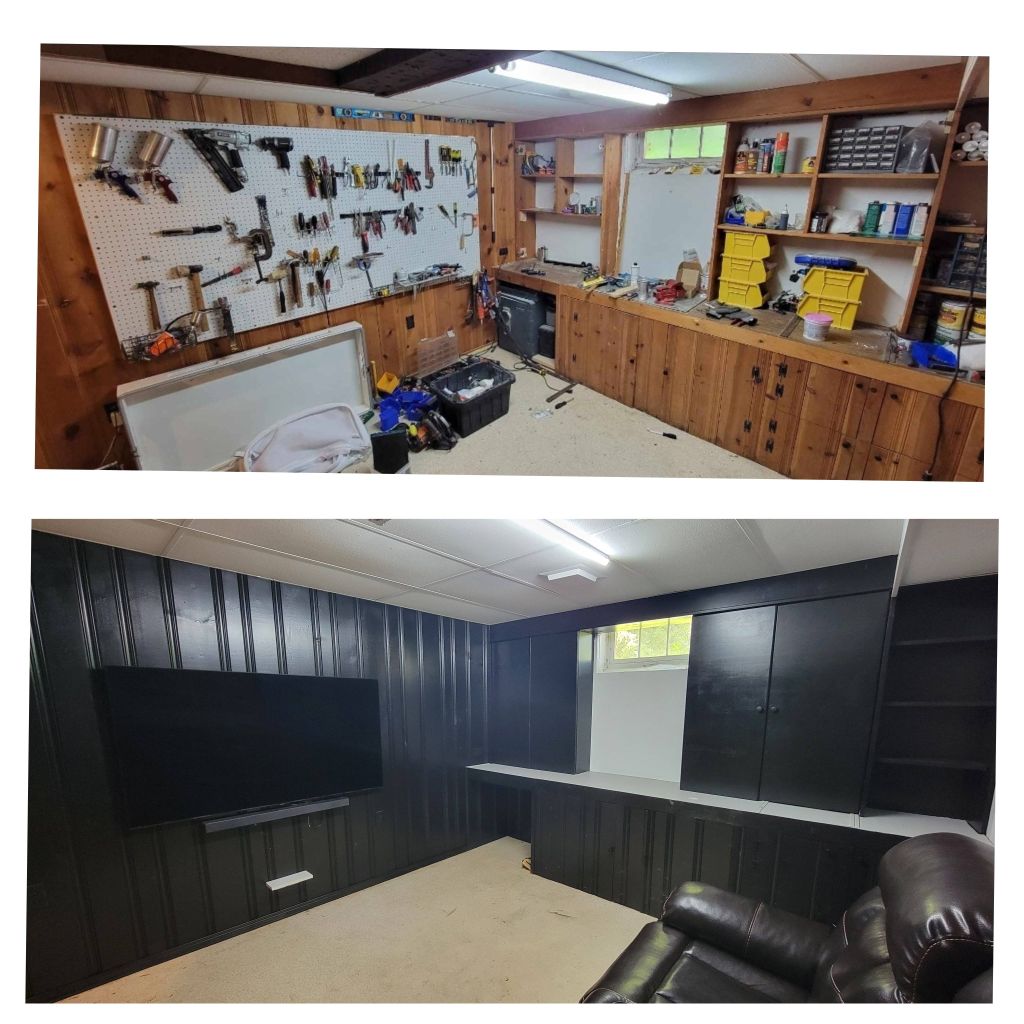 basement man cave utilizing existing storage, addi