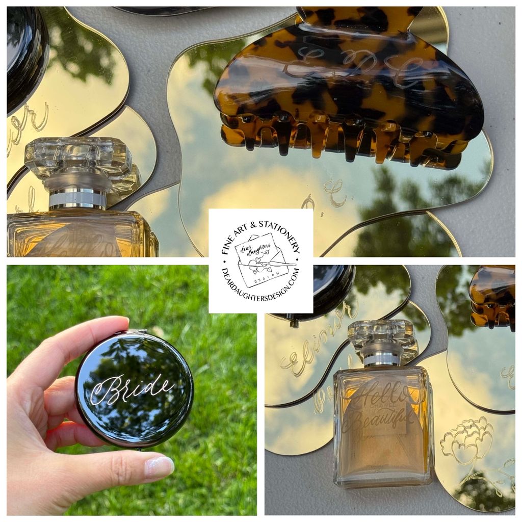 Engraved calligraphy on bridesmaid gifts.