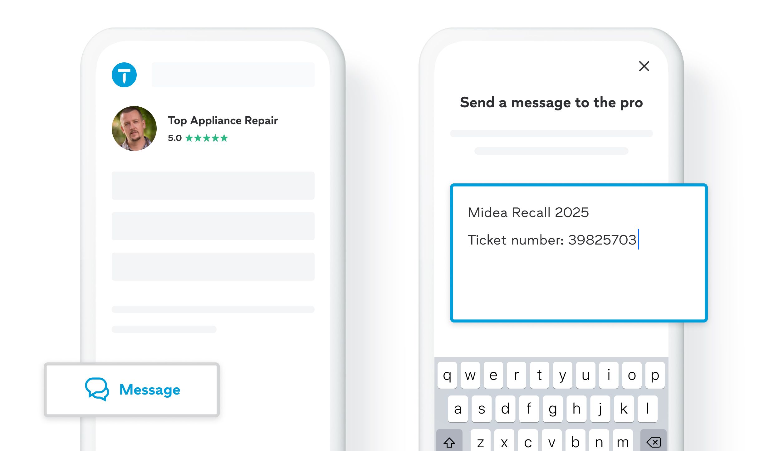 Screenshot of Thumbtack message interface with message prompt