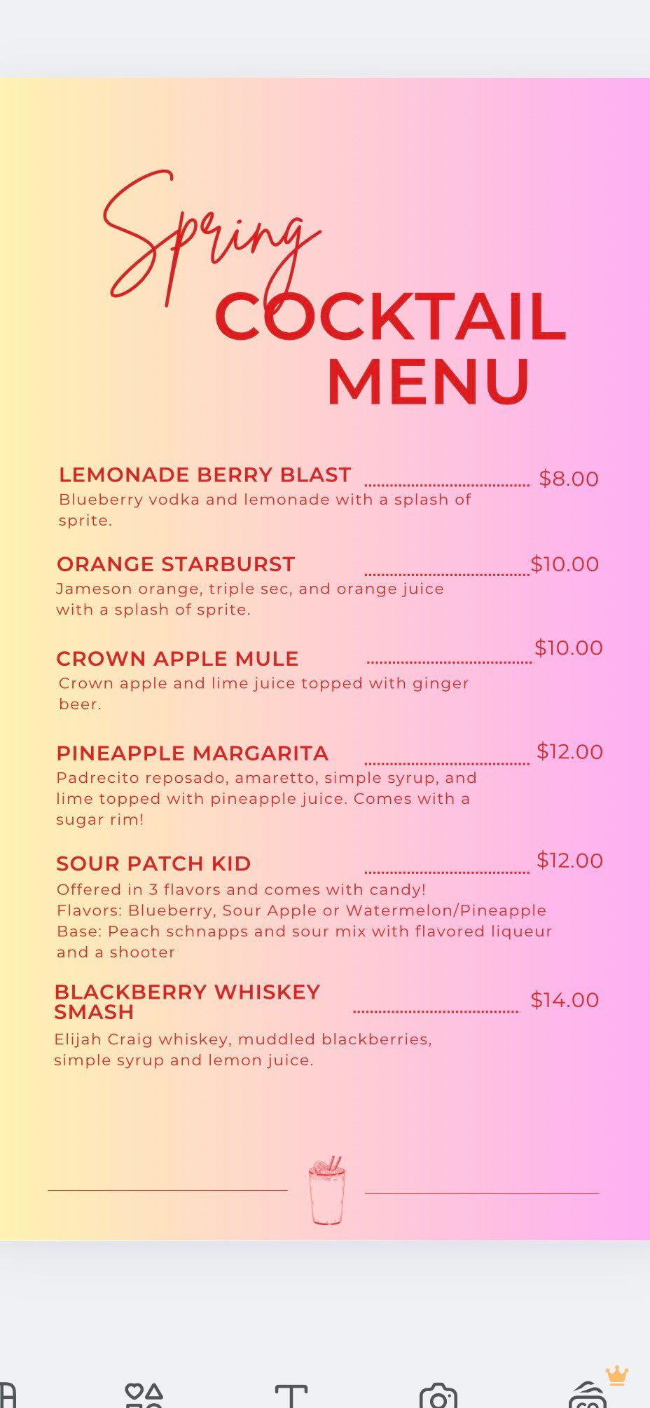 Example of a cocktail menu I designed. 
