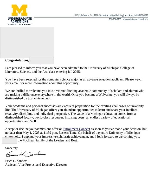 Congrats to my student getting accepted to Michiga