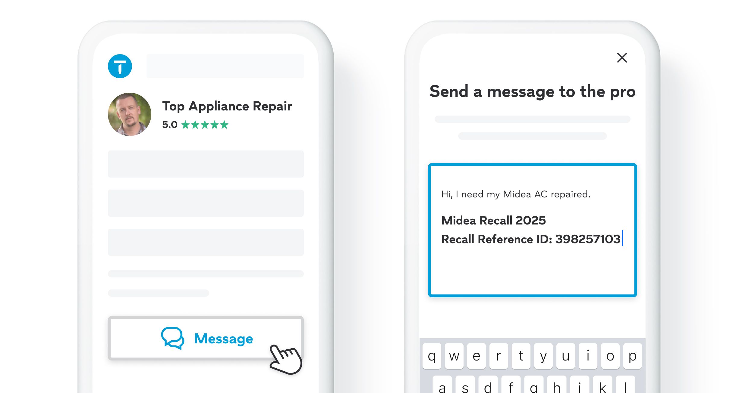 Screenshot of Thumbtack message interface with message prompt