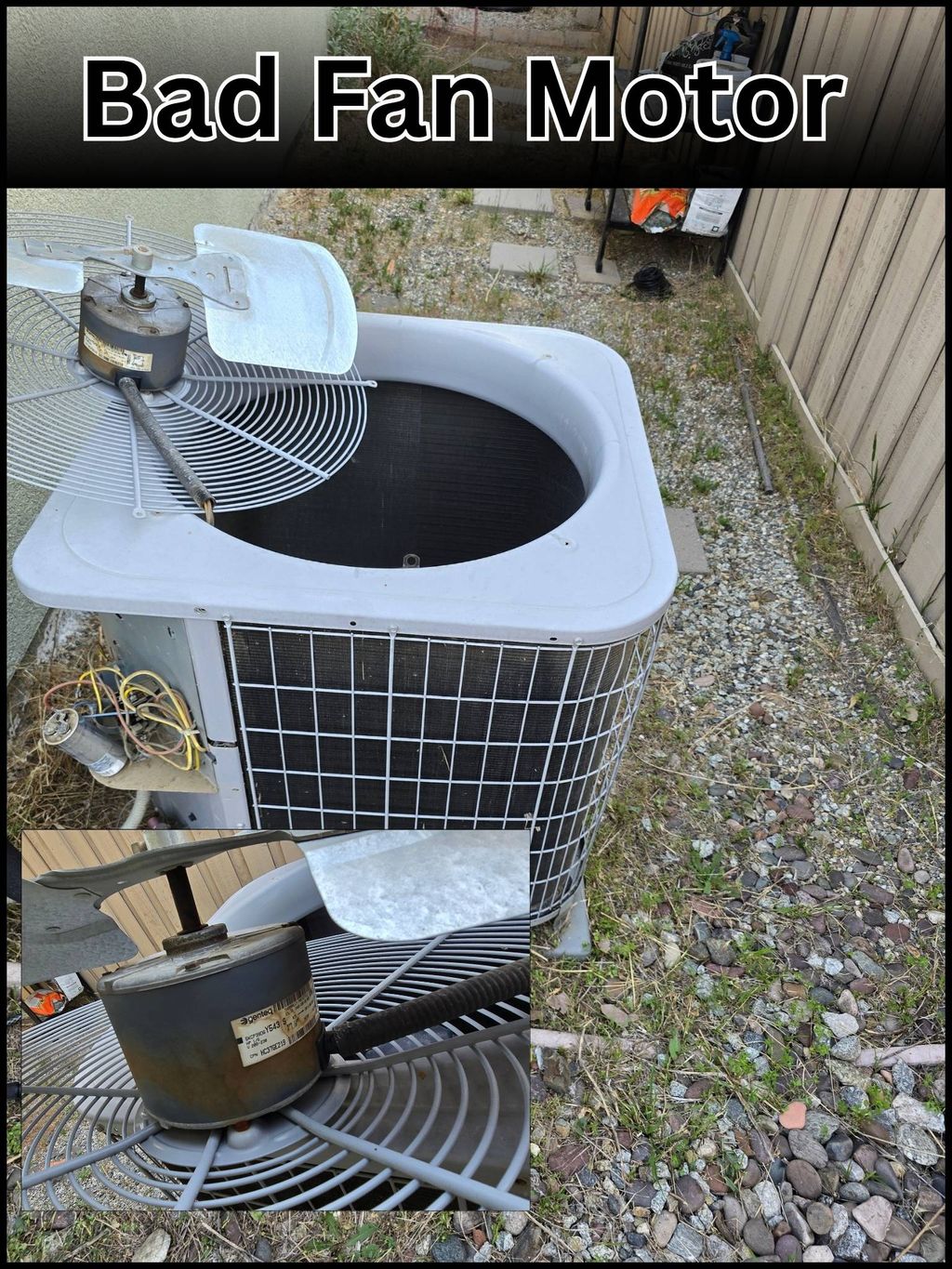 This image shows a failed condenser fan motor with