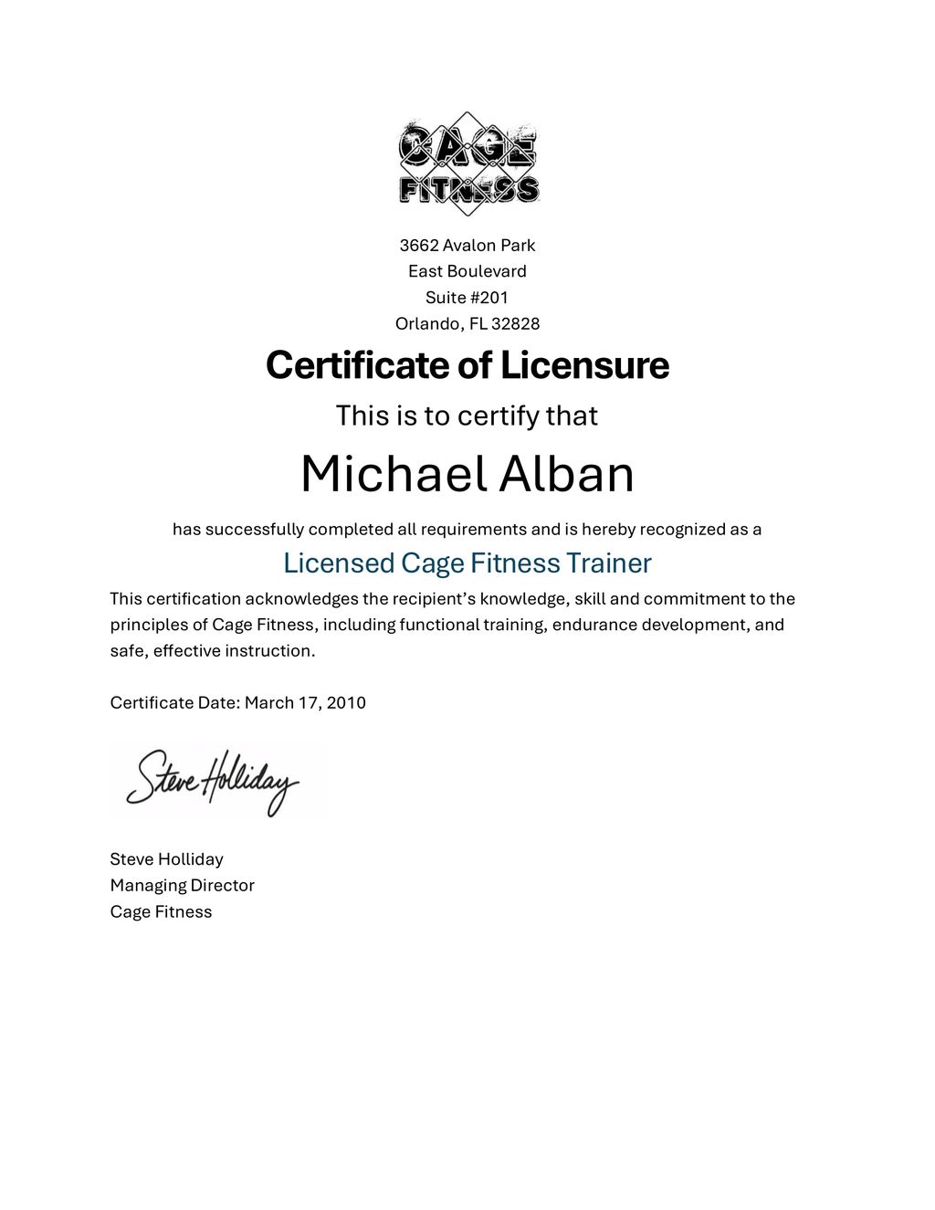 Cage Fitness License