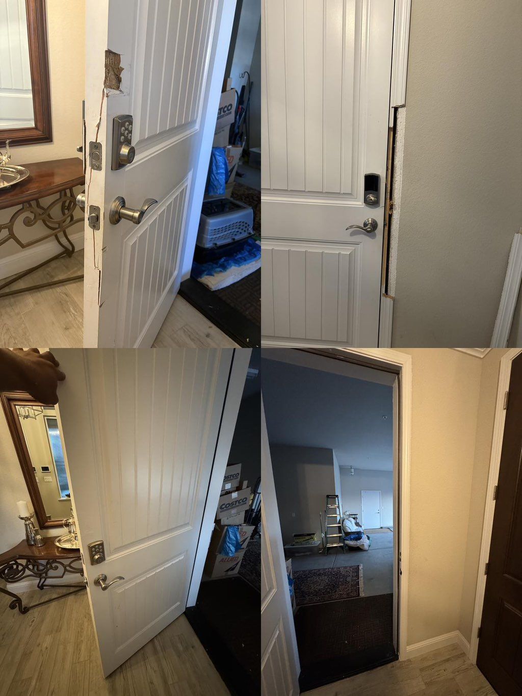 Door repair: fixed damaged frame and reinstalled l