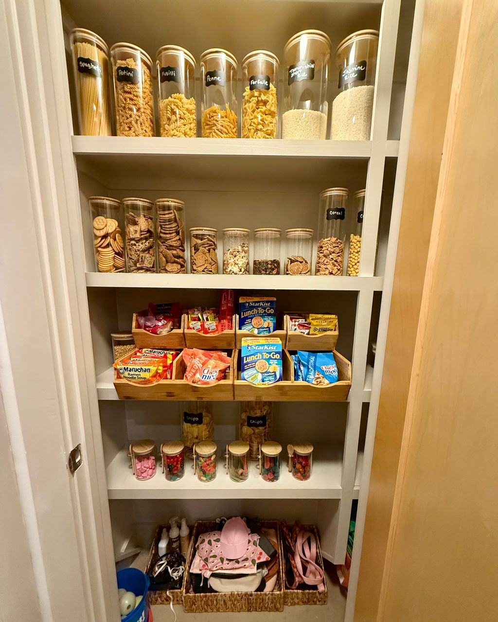 A well-organized pantry featuring neatly labeled g