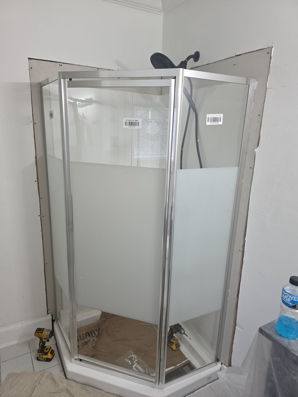 shower installed. Finishing the sheet rock and tri