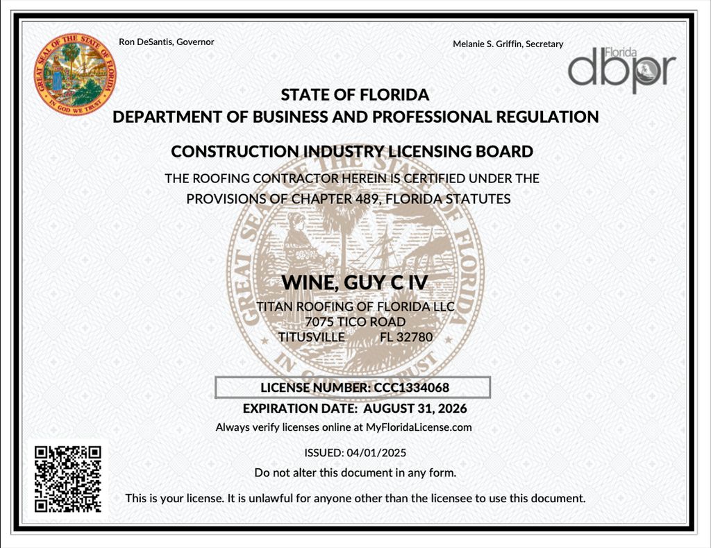 Titan Roofing of Florida Certified Roofing License