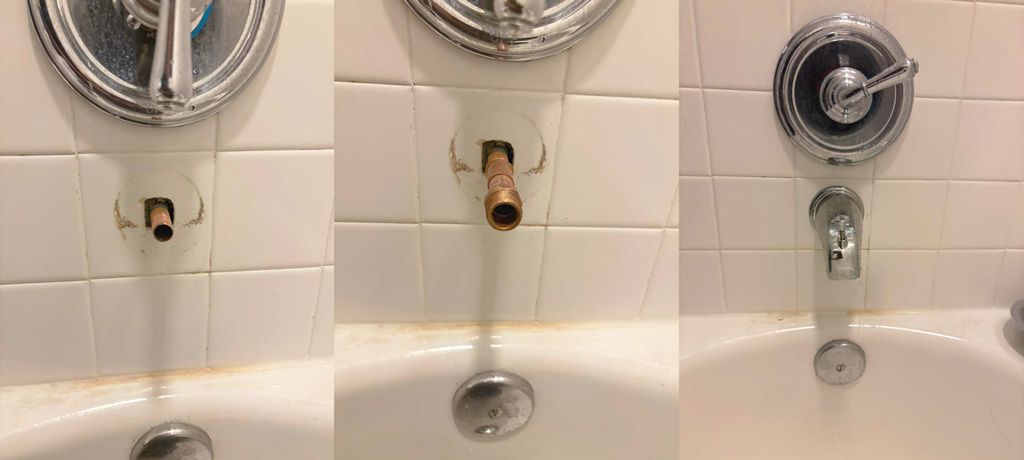 Before and after pics of new tub faucet installati
