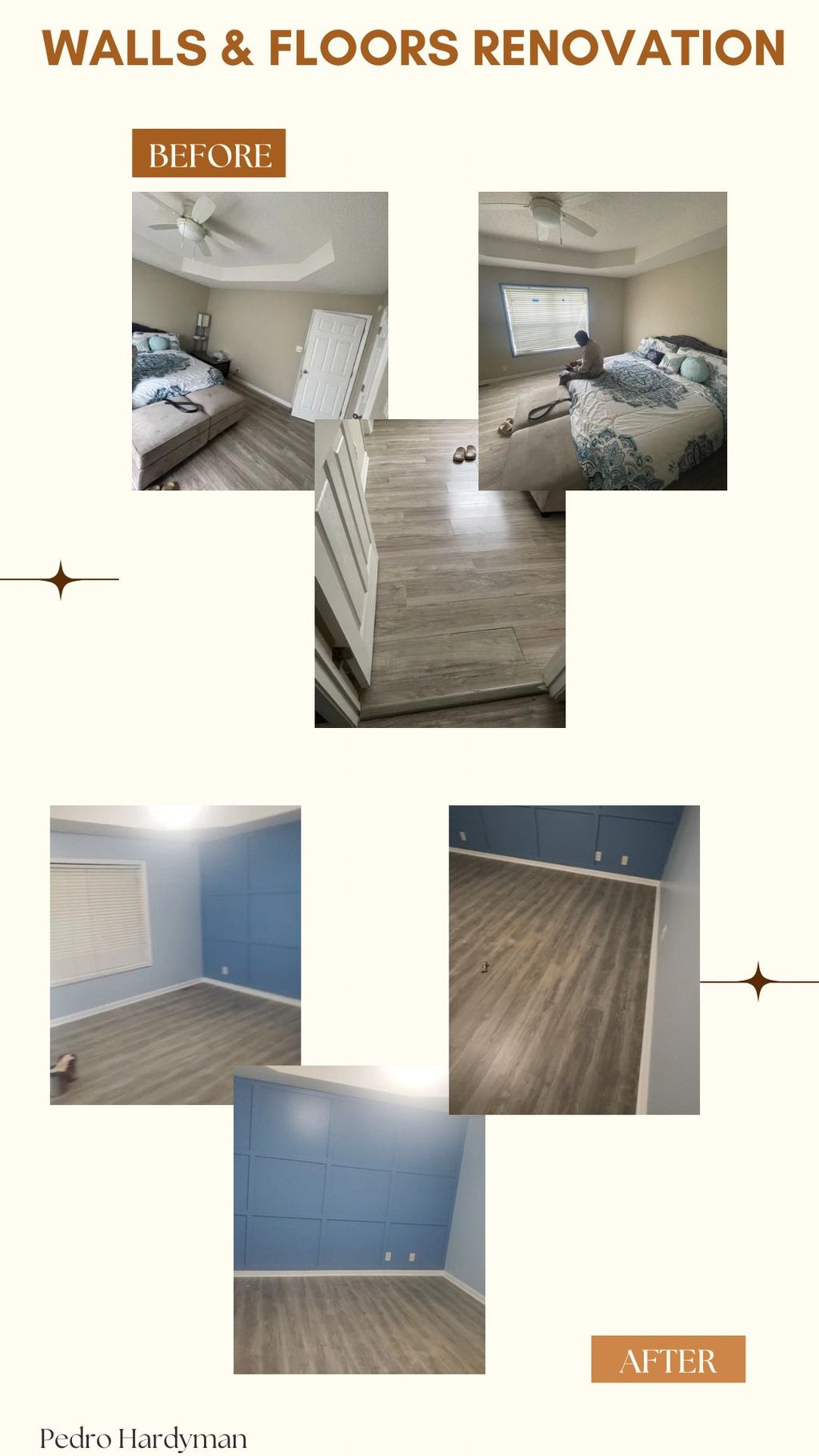 Walls painted, old vinyl removed, and new laminate