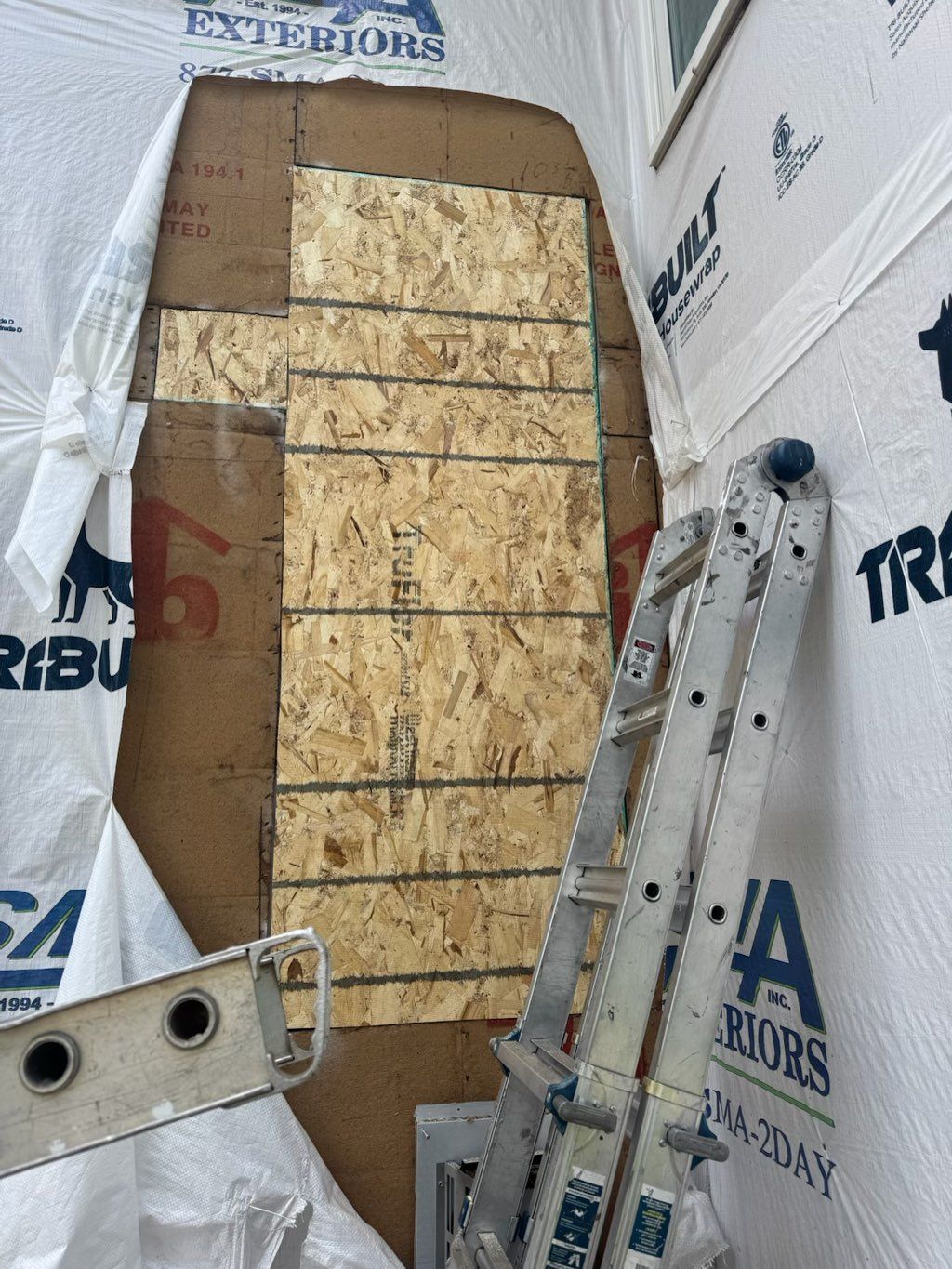 Repaired rotten spot on plywood.