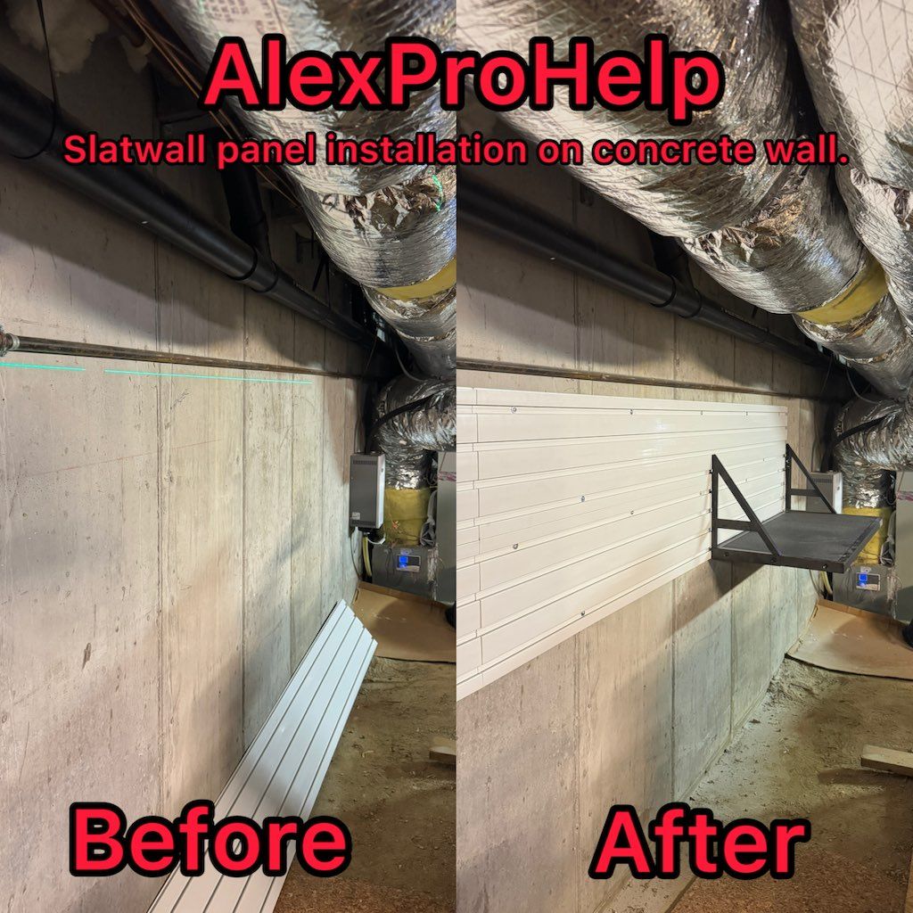 Slatwall panel installation on concrete wall. Alex