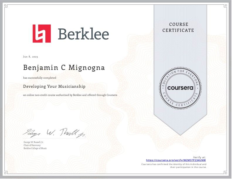 Completed a 16-hour course, "Developing Your Music