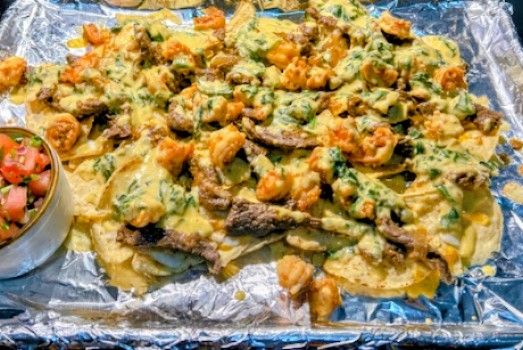 Steak , Shrimp, Spinach Nachos W/ Cheese & Homemad