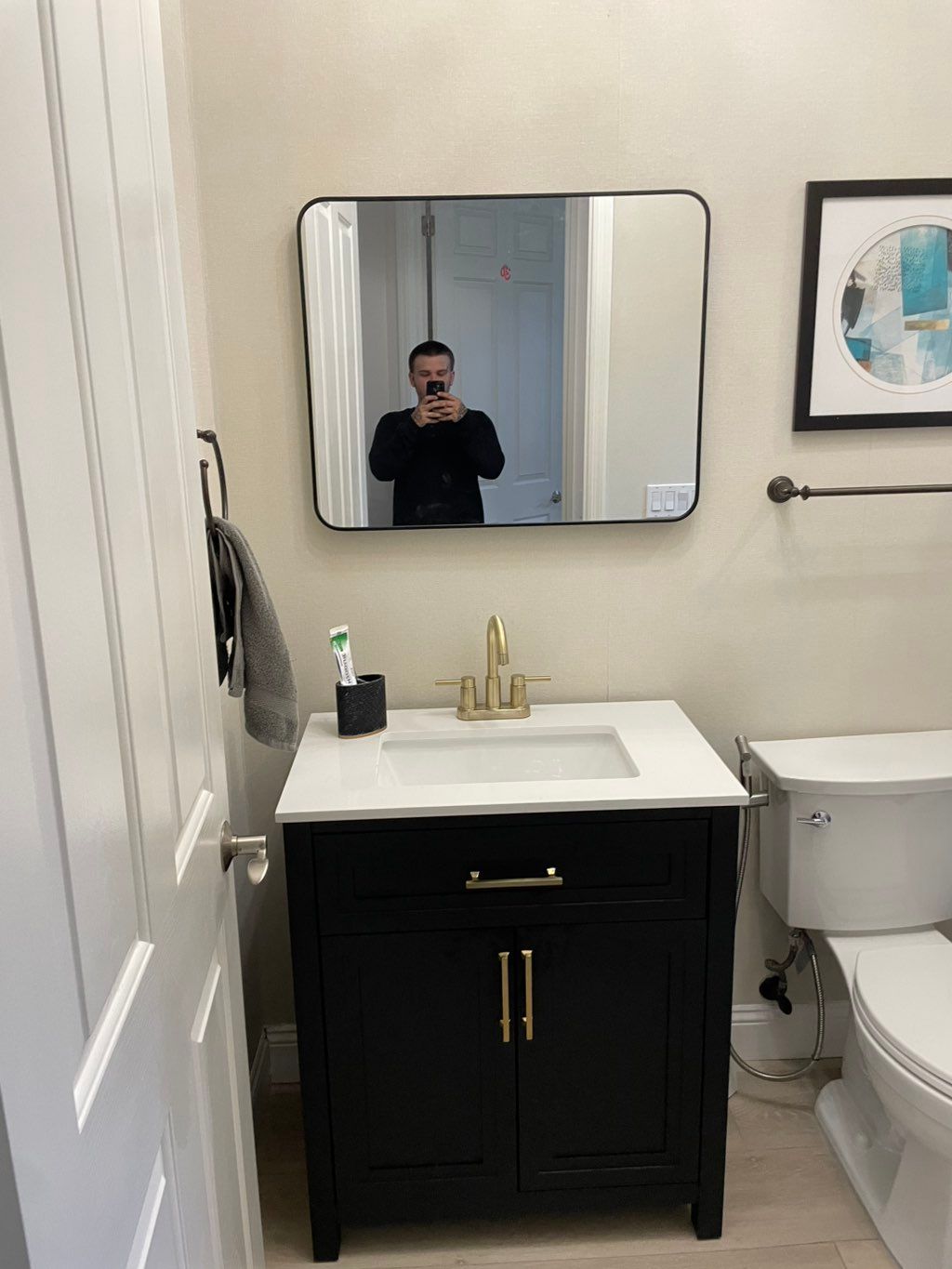 New vanity,mirror,and toilet