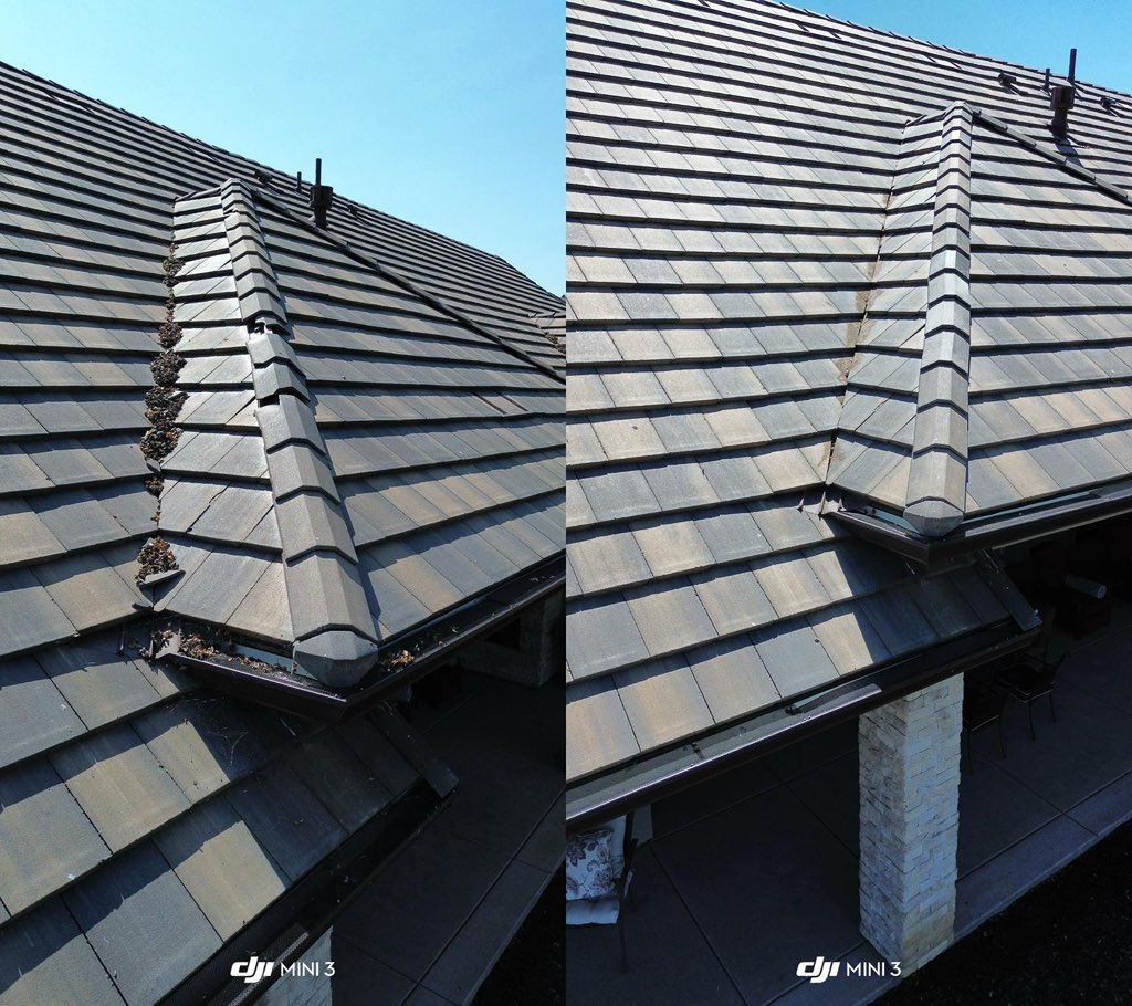 Before: clogged valley & gutter, broken ridge tile